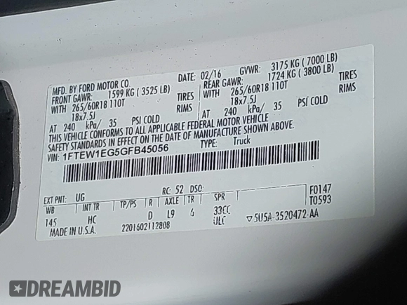 2016 Ford F-150 XLT with VIN 1FTEW1EG5GFB45056, listed as a IAAI auction lot 42556770 with 205,967 mi miles and . Bid and sale history available at DreamBid. Image 9.