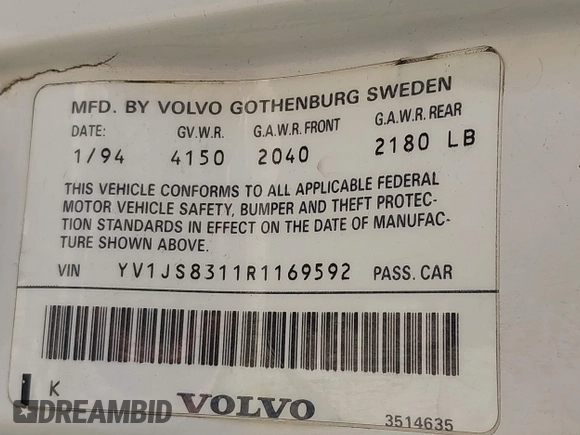 1994 Volvo 900 Action z VIN YV1JS8311R1169592, wystawiony jako IAAI lot #41647893 z przebiegiem 287 426 mil mil oraz . Historia ofert i sprzedaży dostępna na DreamBid. Obrazek 9.