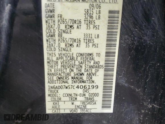 2007 Nissan Frontier Nismo z VIN 1N6AD07W57C406199, wystawiony jako Copart lot #61349615 z przebiegiem 210 160 mil mil oraz Czysty tytuł • Clean title. Historia ofert i sprzedaży dostępna na DreamBid. Obrazek 12.