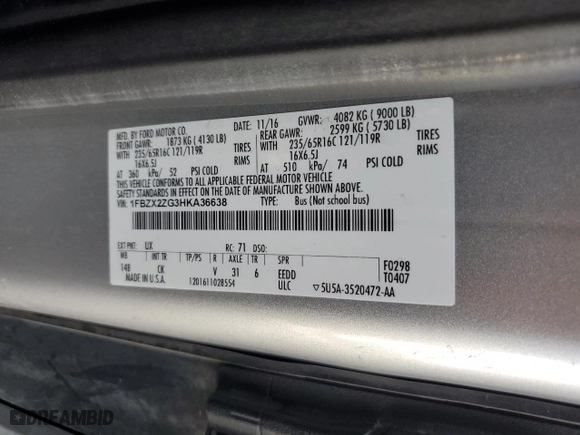 2017 Ford Transit Wagon XL with VIN 1FBZX2ZG3HKA36638, listed as a Copart auction lot 78204914 with 105,715 mi miles and Salvage Title. Bid and sale history available at carsss.com. Image 14.