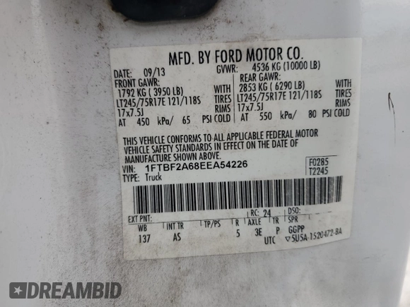 2014 Ford Super Duty F-250 SRW XL with VIN 1FTBF2A68EEA54226, listed as a Copart auction lot 42706245 with 220,260 mi miles and Clean Title. Bid and sale history available at carsss.com. Image 12.