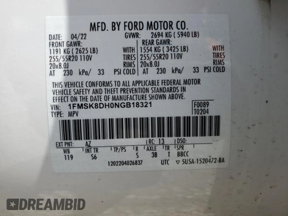 2022 Ford Explorer XLT with VIN 1FMSK8DH0NGB18321, listed as a Copart auction lot 50718605 with 21,047 mi miles and Salvage Title. Bid and sale history available at DreamBid. Image 13.