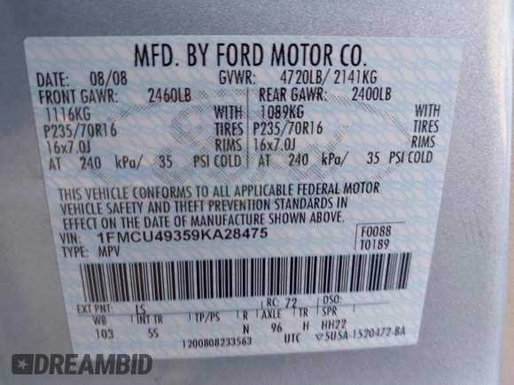 2009 Ford Escape Hybrid z VIN 1FMCU49359KA28475, wystawiony jako IAAI lot #42153444 z przebiegiem 210 067 mil mil oraz . Historia ofert i sprzedaży dostępna na DreamBid. Obrazek 9.