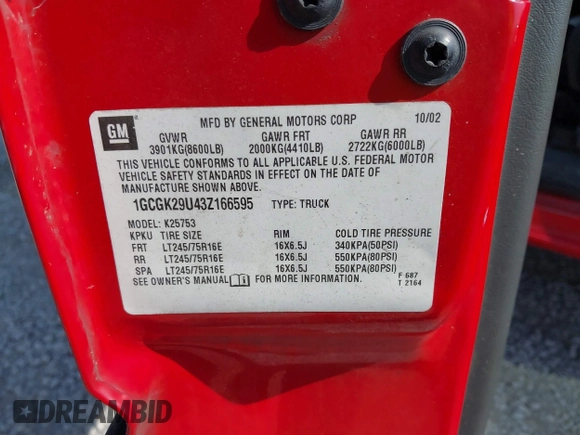 2003 Chevrolet Silverado 2500 LS z VIN 1GCGK29U43Z166595, wystawiony jako IAAI lot #42259952 z przebiegiem 179 831 mil mil oraz . Historia ofert i sprzedaży dostępna na DreamBid. Obrazek 9.