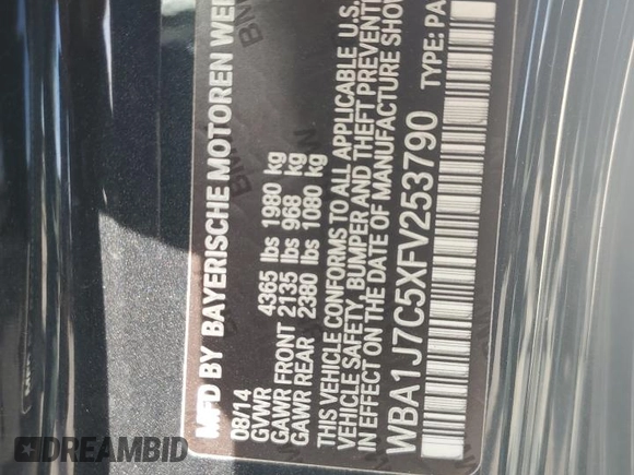 2015 BMW 2 Series M235i with VIN WBA1J7C5XFV253790, listed as a Copart auction lot 57155255 with 136,967 mi miles and Salvage title. Bid and sale history available at DreamBid. Image 12.