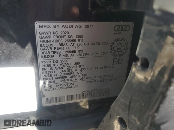 2018 Audi Q7 Premium with VIN WA1AHAF75JD012981, listed as a Copart auction lot 57329655 with 163,870 mi miles and Clean title. Bid and sale history available at DreamBid. Image 13.