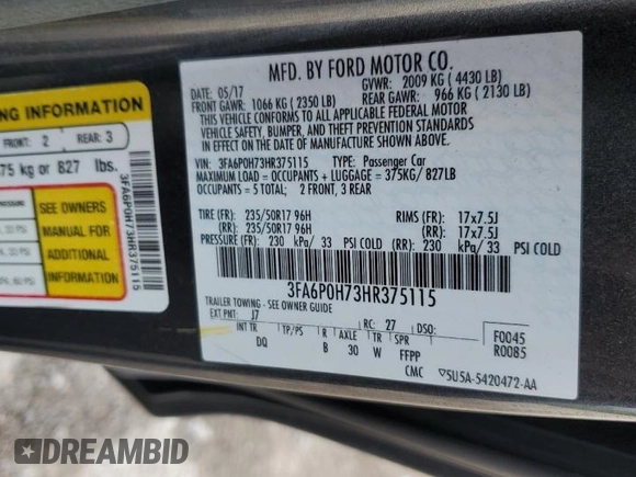 2017 Ford Fusion SE with VIN 3FA6P0H73HR375115, listed as a Copart auction lot 56625285 with 121,725 mi miles and Salvage title. Bid and sale history available at DreamBid. Image 12.