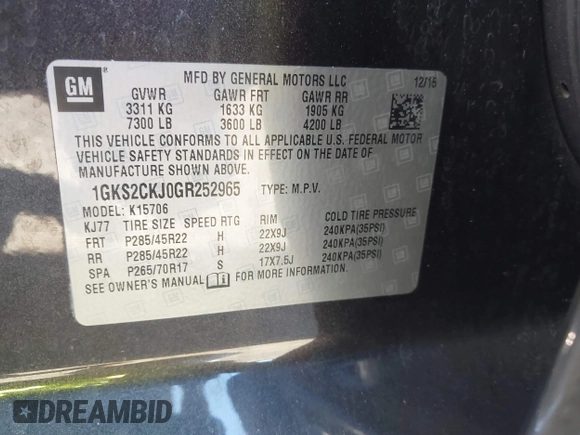 2016 GMC Yukon Denali with VIN 1GKS2CKJ0GR252965, listed as a IAAI auction lot 41628897 with 109,828 mi miles. Bid and sale history available at carsss.com. Image 9.