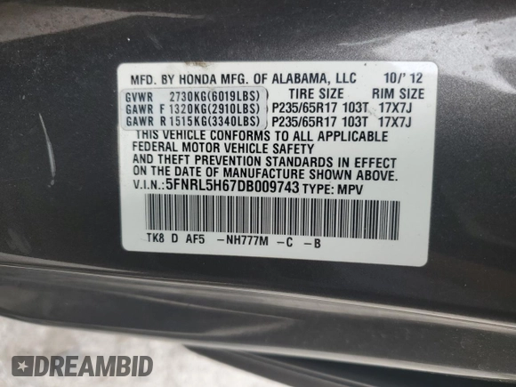 2013 Honda Odyssey EX-L with VIN 5FNRL5H67DB009743, listed as a Copart auction lot 55881595 with 232,658 mi miles and Clean Title. Bid and sale history available at DreamBid. Image 13.