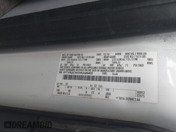 2017 Ford Transit с VIN 1FTYR2CM1HKA49405, выставлен на аукционе IAAI как лот 41914457 с пробегом 109 189 миль миль и . История ставок и продаж доступна на DreamBid. Изображение 9.