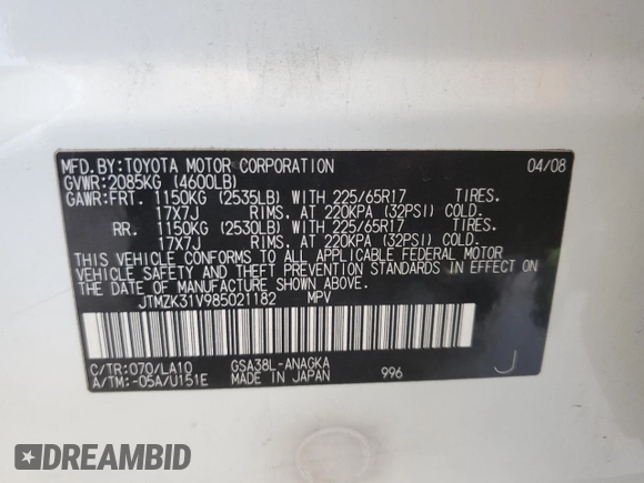 2008 Toyota RAV4 Limited with VIN JTMZK31V985021182, listed as a Copart auction lot 54533665 with Not provided miles and Salvage title. Bid and sale history available at DreamBid. Image 12.