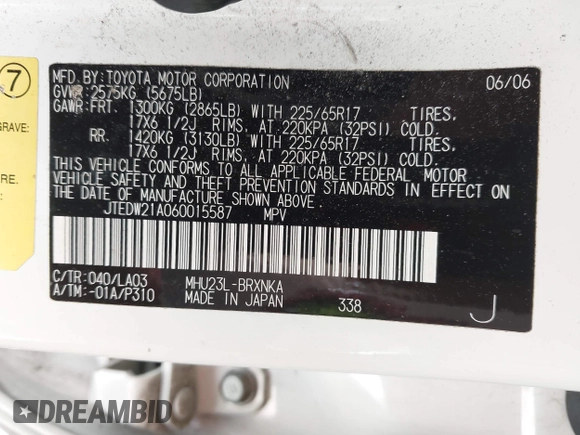 2006 Toyota Highlander z VIN JTEDW21A060015587, wystawiony jako IAAI lot #42239548 z przebiegiem 164 410 mil mil oraz . Historia ofert i sprzedaży dostępna na DreamBid. Obrazek 9.