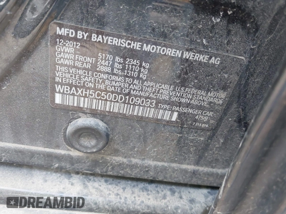 2013 BMW 5 Series 528i xDrive with VIN WBAXH5C50DD109033, listed as a IAAI auction lot 41747375 with 146,029 mi miles. Bid and sale history available at carsss.com. Image 9.