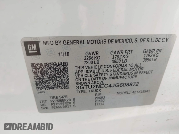 2018 GMC Sierra 1500 SLT z VIN 3GTU2NEC4JG608872, wystawiony jako IAAI lot #42299300 z przebiegiem 78 206 mil mil oraz . Historia ofert i sprzedaży dostępna na DreamBid. Obrazek 9.