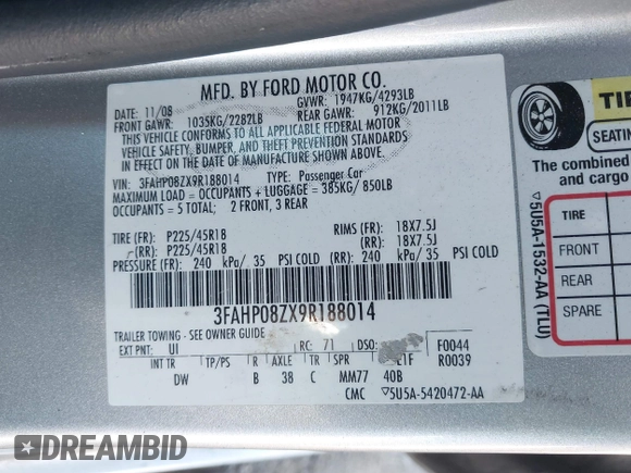 2009 Ford Fusion SEL with VIN 3FAHP08ZX9R188014, listed as a IAAI auction lot 41370450 with 150,846 mi miles. Bid and sale history available at carsss.com. Image 9.