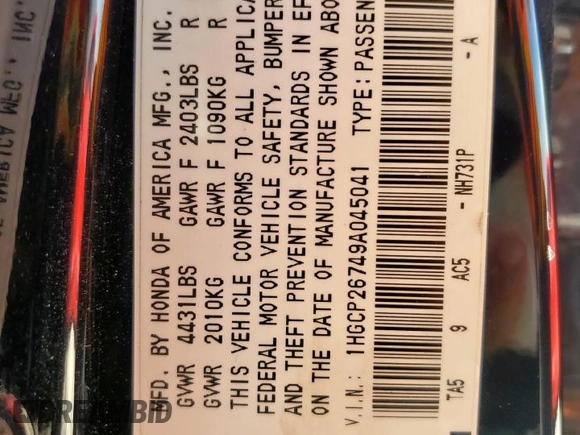 2009 Honda Accord EX z VIN 1HGCP26749A045041, wystawiony jako Copart lot #55360215 z przebiegiem 212 125 mil mil oraz Szkoda całkowita • Salvage title. Historia ofert i sprzedaży dostępna na DreamBid. Obrazek 12.