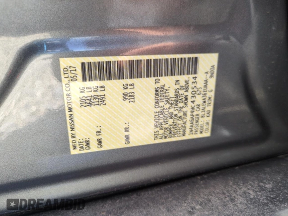 2017 Nissan Maxima S with VIN 1N4AA6AP4HC430534, listed as a Copart auction lot 62919035 with 172,887 mi miles and Salvage title. Bid and sale history available at DreamBid. Image 12.