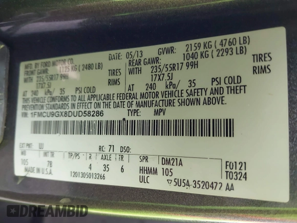 2013 Ford Escape SE with VIN 1FMCU9GX8DUD58286, listed as a IAAI auction lot 41797161 with 189,467 mi miles. Bid and sale history available at carsss.com. Image 9.