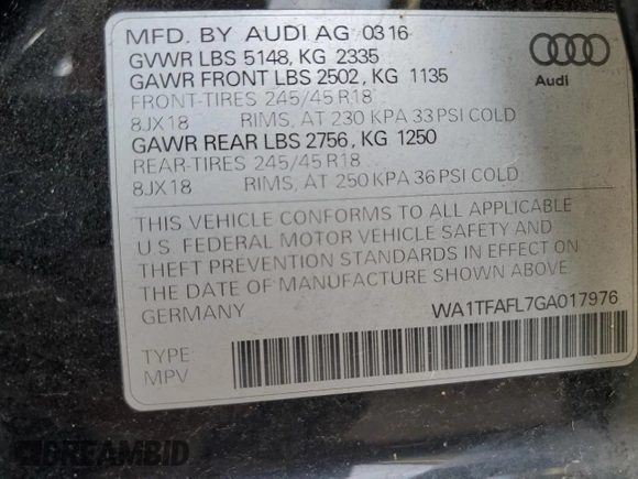 2016 Audi allroad Premium with VIN WA1TFAFL7GA017976, listed as a Copart auction lot 81025744 with 94,876 mi miles and Salvage Title. Bid and sale history available at carsss.com. Image 12.