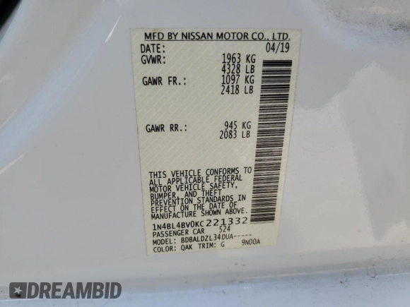 2019 Nissan Altima S z VIN 1N4BL4BV0KC221332, wystawiony jako Copart lot #51687665 z przebiegiem 102 389 mil mil oraz Szkoda całkowita • Salvage title. Historia ofert i sprzedaży dostępna na DreamBid. Obrazek 14.