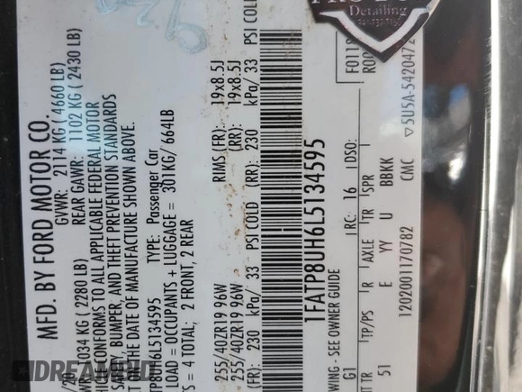 2020 Ford Mustang EcoBoost z VIN 1FATP8UH6L5134595, wystawiony jako Copart lot #52597685 z przebiegiem 44 350 mil mil oraz Czysty tytuł • Clean title. Historia ofert i sprzedaży dostępna na DreamBid. Obrazek 12.