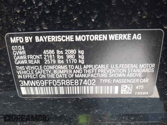 2024 BMW 3 Series 330i z VIN 3MW69FF05R8E87402, wystawiony jako IAAI lot #41973084 z przebiegiem 3 529 mil mil oraz . Historia ofert i sprzedaży dostępna na DreamBid. Obrazek 9.