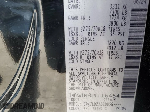 2024 Nissan Titan Pro-4X z VIN 1N6AA1ED3RN116454, wystawiony jako Copart lot #43611905 z przebiegiem 8 563 mil mil oraz Szkoda całkowita • Salvage title. Historia ofert i sprzedaży dostępna na DreamBid. Obrazek 13.