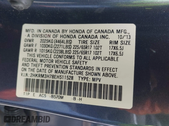 2014 Honda CR-V EX-L with VIN 2HKRM3H78EH511528, listed as a IAAI auction lot 42105714 with 108,758 mi miles and . Bid and sale history available at DreamBid. Image 9.