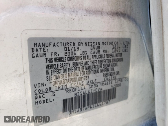 2013 Nissan Sentra FE+ S with VIN 3N1AB7AP6DL661787, listed as a Copart auction lot 50468895 with 192,111 mi miles and Clean Title. Bid and sale history available at DreamBid. Image 16.