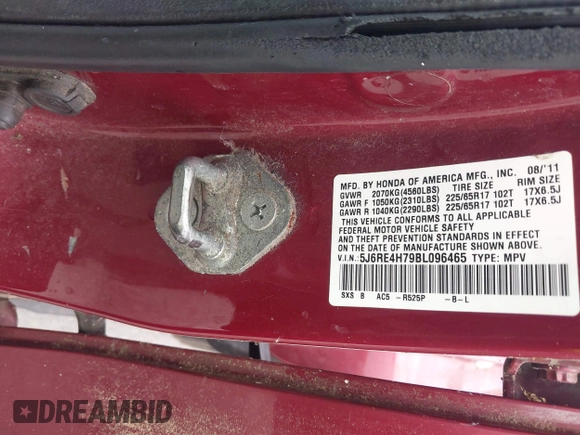 2011 Honda CR-V EX-L with VIN 5J6RE4H79BL096465, listed as a IAAI auction lot 42741176 with Not provided miles and . Bid and sale history available at DreamBid. Image 9.