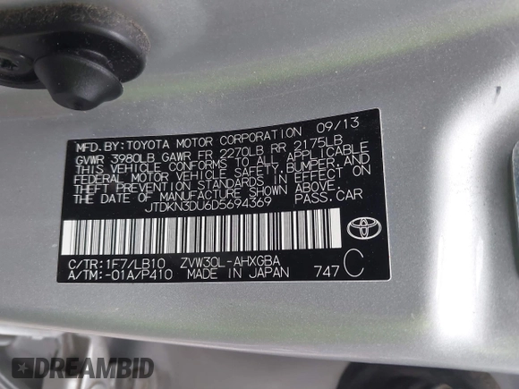 2013 Toyota Prius One with VIN JTDKN3DU6D5694369, listed as a IAAI auction lot 41486868 with 181,403 mi miles. Bid and sale history available at carsss.com. Image 9.