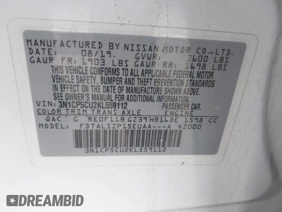 2019 Nissan Kicks S with VIN 3N1CP5CU2KL559112, listed as a IAAI auction lot 41528293 with 97,255 mi miles. Bid and sale history available at carsss.com. Image 9.