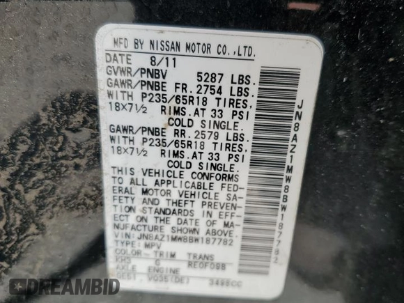 2011 Nissan Murano SL with VIN JN8AZ1MW8BW187782, listed as a Copart auction lot 65265294 with 0 mi miles and Salvage Title. Bid and sale history available at carsss.com. Image 14.