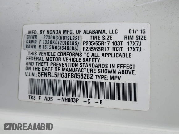 2015 Honda Odyssey EX-L with VIN 5FNRL5H68FB056282, listed as a IAAI auction lot 42177732 with 194,244 mi miles and . Bid and sale history available at DreamBid. Image 9.
