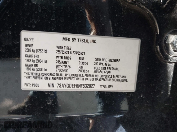 2022 Tesla Model Y Performance with VIN 7SAYGDEF6NF532027, listed as a IAAI auction lot 41717662 with 36,537 mi miles and . Bid and sale history available at DreamBid. Image 9.