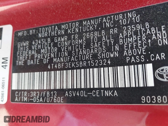 2011 Toyota Camry LE with VIN 4T4BF3EK5BR152324, listed as a IAAI auction lot 42163242 with 179,604 mi miles. Bid and sale history available at carsss.com. Image 9.