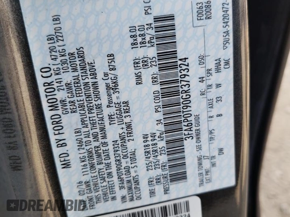 2016 Ford Fusion SE with VIN 3FA6P0T90GR379324, listed as a Copart auction lot 60375785 with 152,235 mi miles and Clean title. Bid and sale history available at DreamBid. Image 12.
