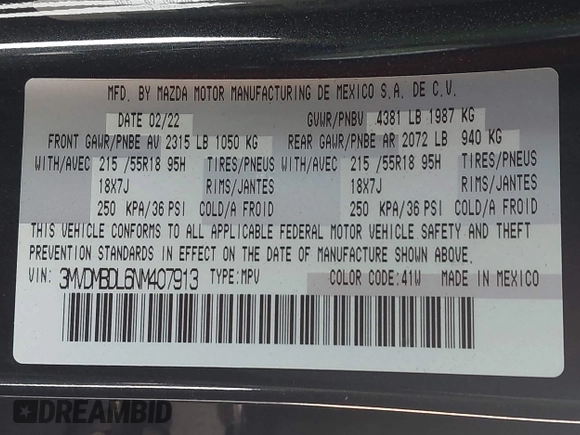 2022 Mazda CX-30 S Premium with VIN 3MVDMBDL6NM407913, listed as a IAAI auction lot 42359860 with 35,804 mi miles and . Bid and sale history available at DreamBid. Image 9.