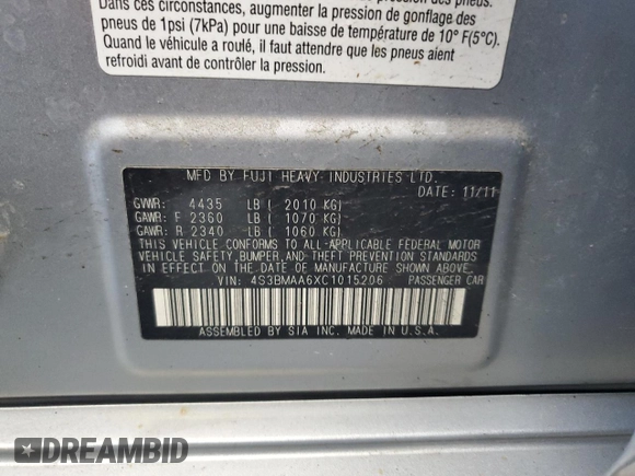 2012 Subaru Legacy 2.5i with VIN 4S3BMAA6XC1015206, listed as a Copart auction lot 50449765 with 109,681 mi miles and Clean title. Bid and sale history available at DreamBid. Image 12.