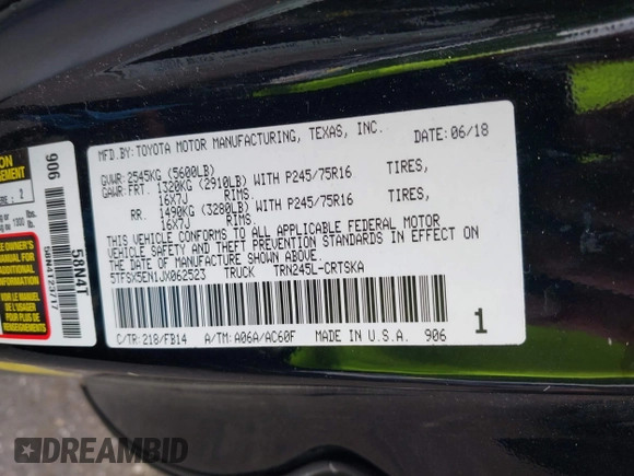 2018 Toyota Tacoma SR with VIN 5TFSX5EN1JX062523, listed as a IAAI auction lot 42334816 with 56,994 mi miles and . Bid and sale history available at DreamBid. Image 9.