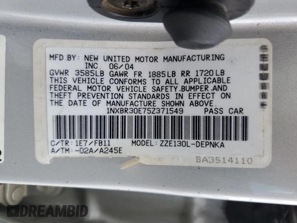 2005 Toyota Corolla CE with VIN 1NXBR30E75Z371549, listed as a Copart auction lot 51363125 with 295,795 mi miles and Clean Title. Bid and sale history available at DreamBid. Image 12.