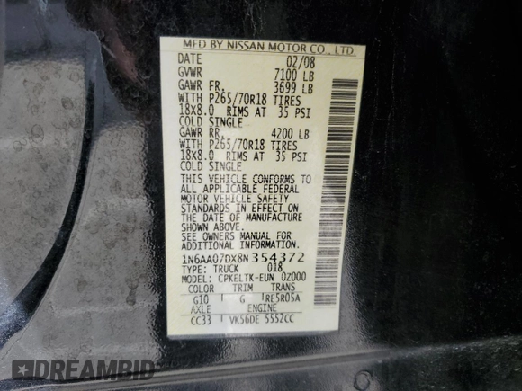 2008 Nissan Titan XE with VIN 1N6AA07DX8N354372, listed as a Copart auction lot 48017605 with 149,382 mi miles and Salvage Title. Bid and sale history available at carsss.com. Image 12.
