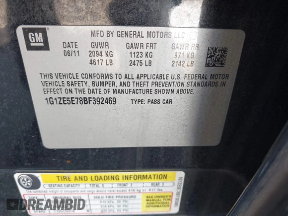 2011 Chevrolet Malibu LTZ with VIN 1G1ZE5E78BF392469, listed as a IAAI auction lot 41681817 with 204,032 mi miles and . Bid and sale history available at DreamBid. Image 9.
