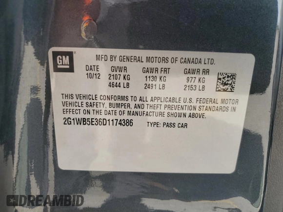 2013 Chevrolet Impala LT with VIN 2G1WB5E36D1174386, listed as a Copart auction lot 52981755 with 76,455 mi miles and Salvage Title. Bid and sale history available at DreamBid. Image 12.