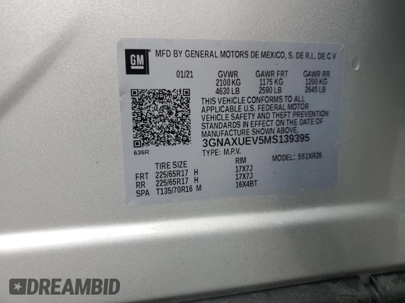 2021 Chevrolet Equinox LT with VIN 3GNAXUEV5MS139395, listed as a Copart auction lot 58463485 with 110,168 mi miles and Salvage title. Bid and sale history available at DreamBid. Image 13.