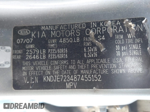 2008 Kia Sportage LX with VIN KNDJE723487455152, listed as a IAAI auction lot 41638720 with 247,286 mi miles. Bid and sale history available at carsss.com. Image 9.
