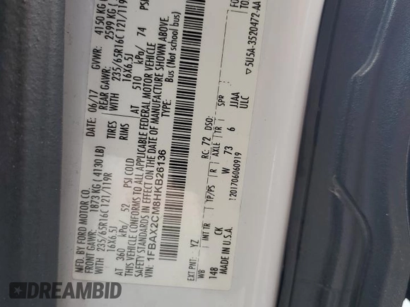 2017 Ford Transit XL с VIN 1FBAX2CM8HKB26136, выставлен на аукционе Copart как лот 58999305 с пробегом 273 506 миль миль и Списание • Salvage title. История ставок и продаж доступна на DreamBid. Изображение 13.