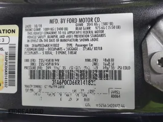 2019 Ford Fusion SEL with VIN 3FA6P0CD6KR141832, listed as a IAAI auction lot 41800102 with 142,282 mi miles and . Bid and sale history available at DreamBid. Image 9.