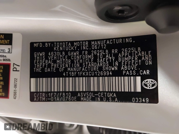 2012 Toyota Camry L with VIN 4T1BF1FKXCU126994, listed as a IAAI auction lot 41846958 with 71,575 mi miles. Bid and sale history available at carsss.com. Image 9.