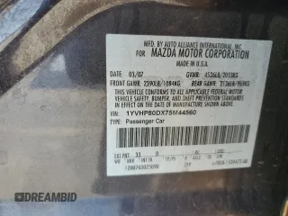 2007 Mazda Mazda6 s Touring with VIN 1YVHP80DX75M44560, listed as a Copart auction lot 52351935 with 192,827 mi miles and Salvage Title. Bid and sale history available at carsss.com. Image 14.